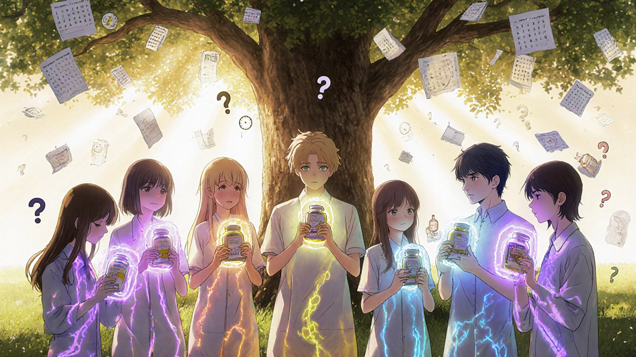 Diverse patients stand under a tree, each holding a medication that casts a colored aura representing hidden long-term side effects.