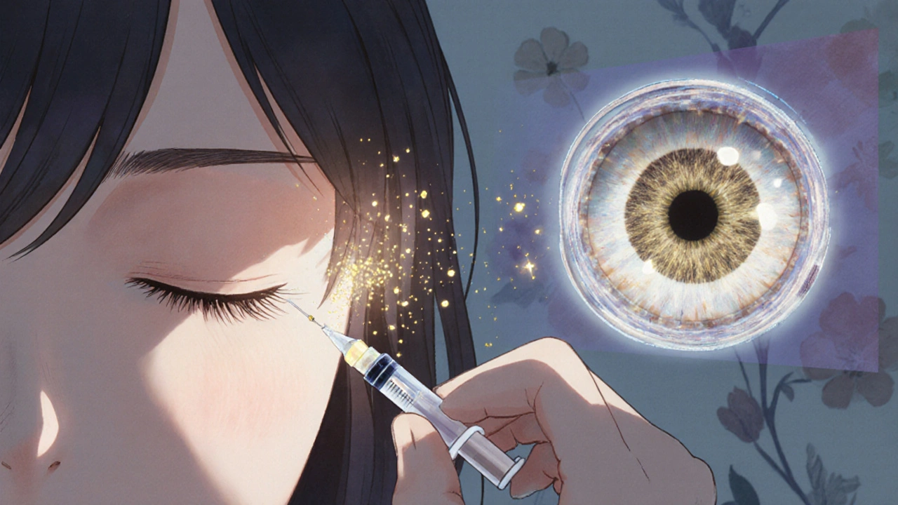 Doctor administering a glowing eye injection with a holographic retinal scan floating beside them.