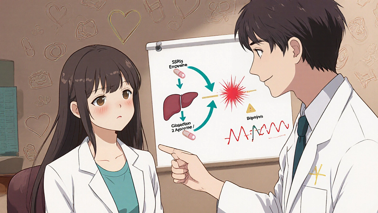 Doctor explaining drug interactions with a liver enzyme diagram, SSRIs safe, TCAs risky, warm office setting.