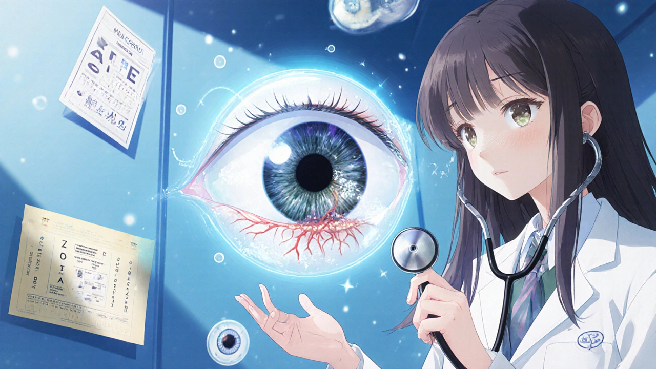 Floating transparent eye showing glaucoma and cataract threats, doctor monitoring with medical symbols.