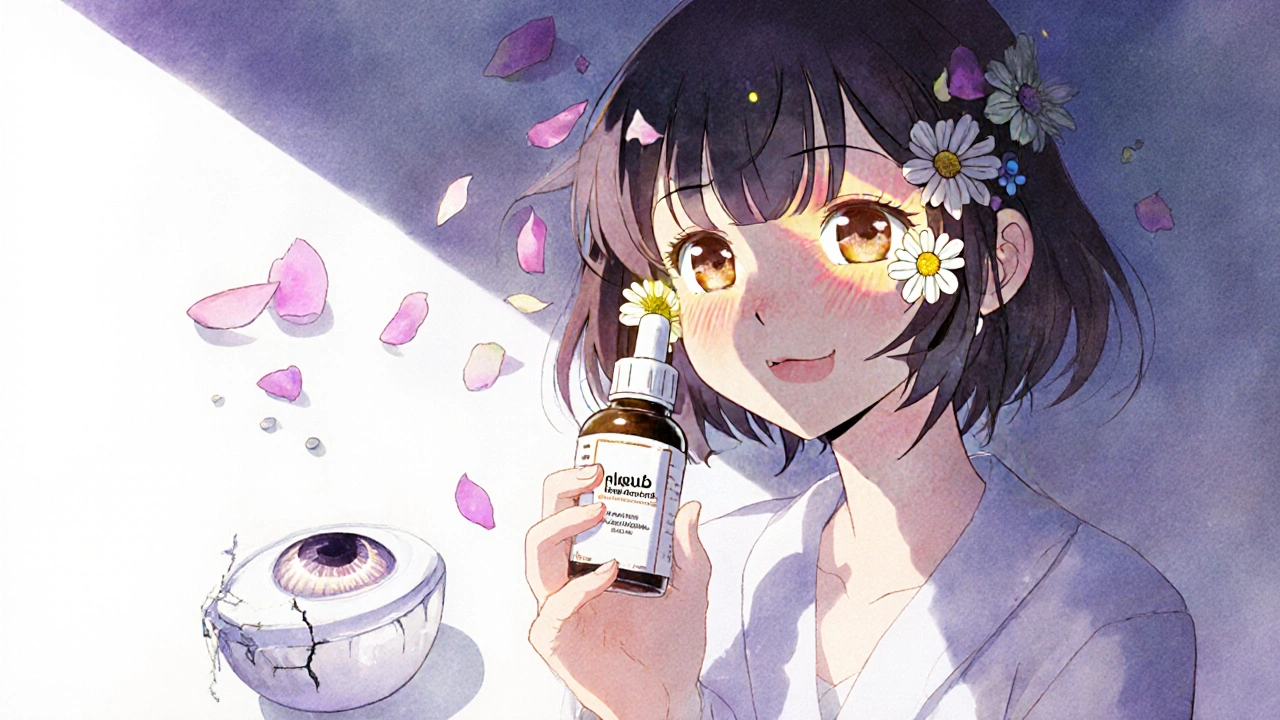 Girl holding safe NSAID eye drops, blooming flowers around eyes, steroid bottles fading in shadow.