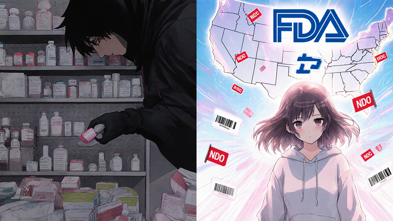 Girl standing confidently as counterfeit pills are exposed by glowing FDA verification symbols.
