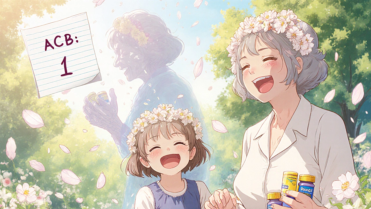 Grandmother laughing with granddaughter in garden, shadow of confused past self dissolving into petals.