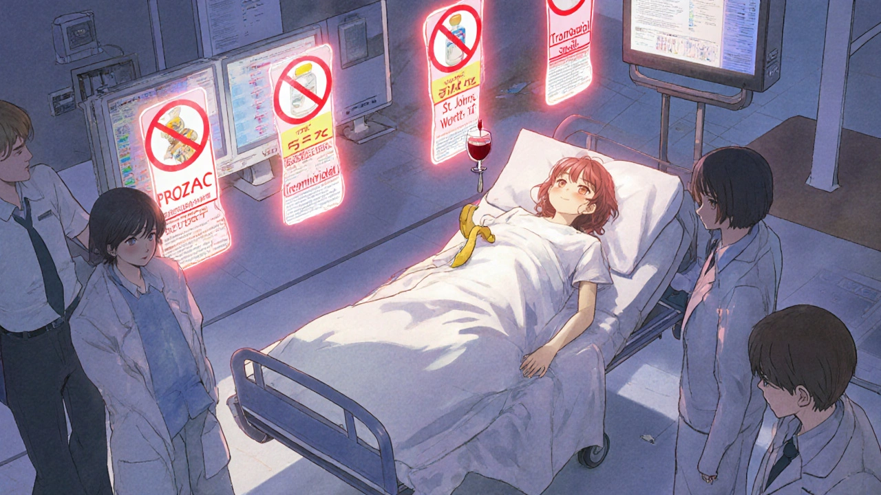 Patient unconscious in hospital as glowing contraindicated pills float above with red warning signs.