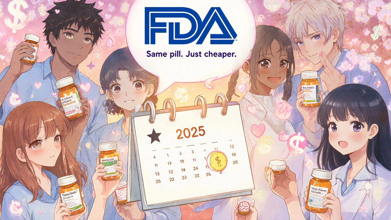 Patients hold generic pills marked with stars as dollar signs turn to hearts under a 2025 calendar.