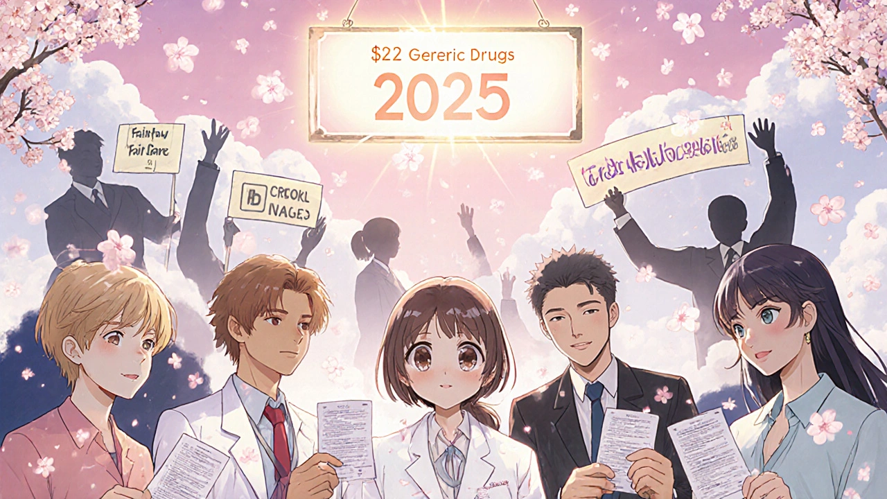 Patients smiling under a &#039; Generic Drugs&#039; sign as cherry blossoms fall, symbolizing affordable access in 2025.