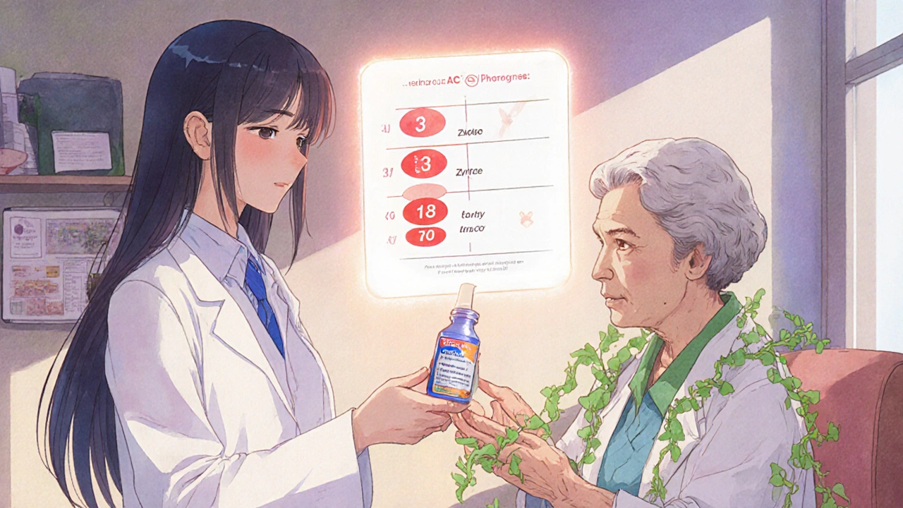 Pharmacist giving safer allergy pill to older woman, glowing ACB scale transforming from red to green.