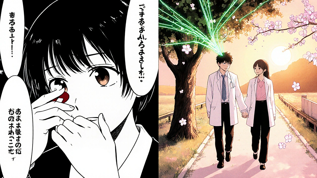 Split scene: one side shows stopping statins in shadow, the other shows health and hope under a tree.