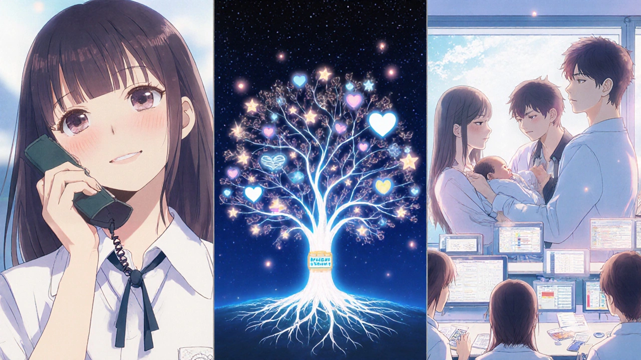 Three connected scenes showing pregnancy support, newborn joy, and research—linked by a glowing data tree.
