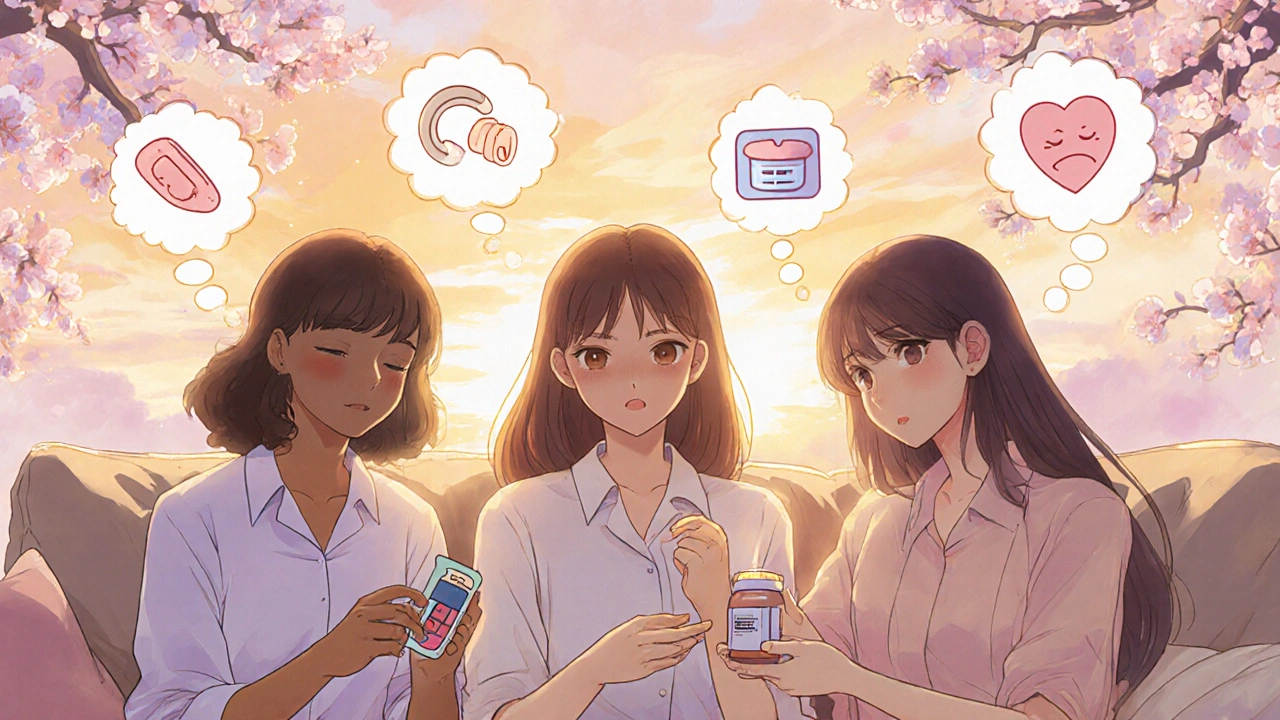 Three women sharing antidepressant and birth control options, bupropion being passed around, sunset glow.