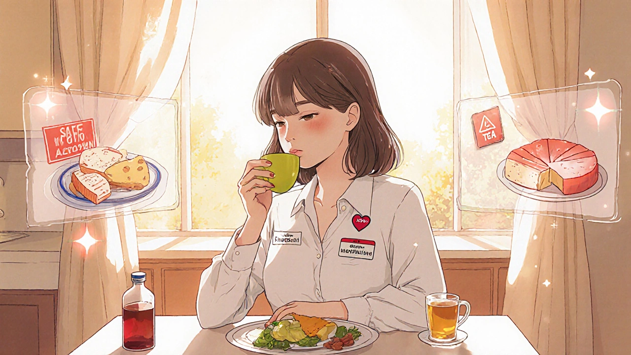 Woman eating safely at home with MAOI safety card pinned to her shirt, Tylenol and patch nearby.