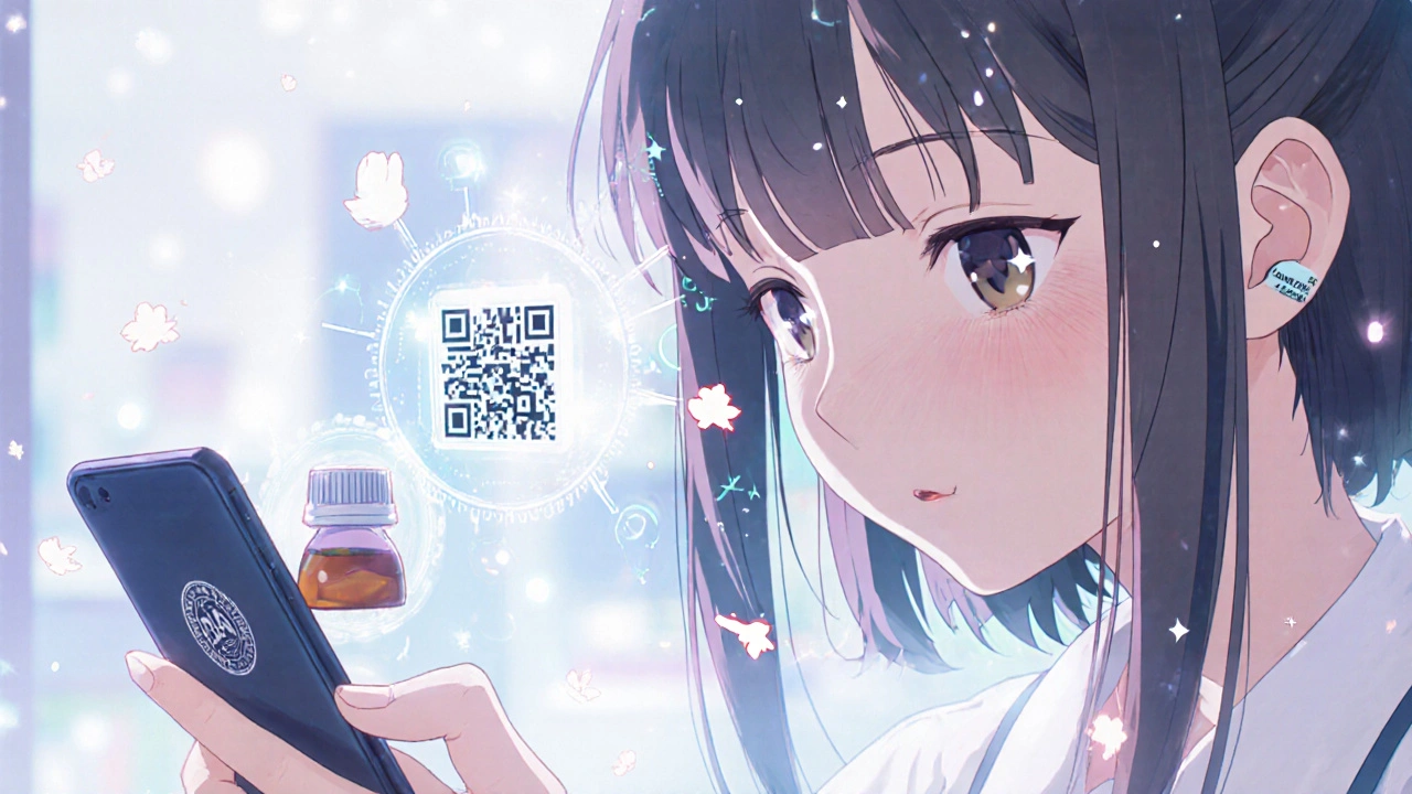 Woman scanning a pill bottle’s QR code, seeing a digital supply chain with an FDA seal.