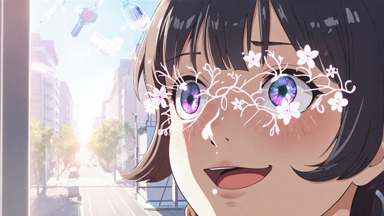 Woman smiling at a bright street, healthy retinal vines blooming behind her as past struggles fade away.