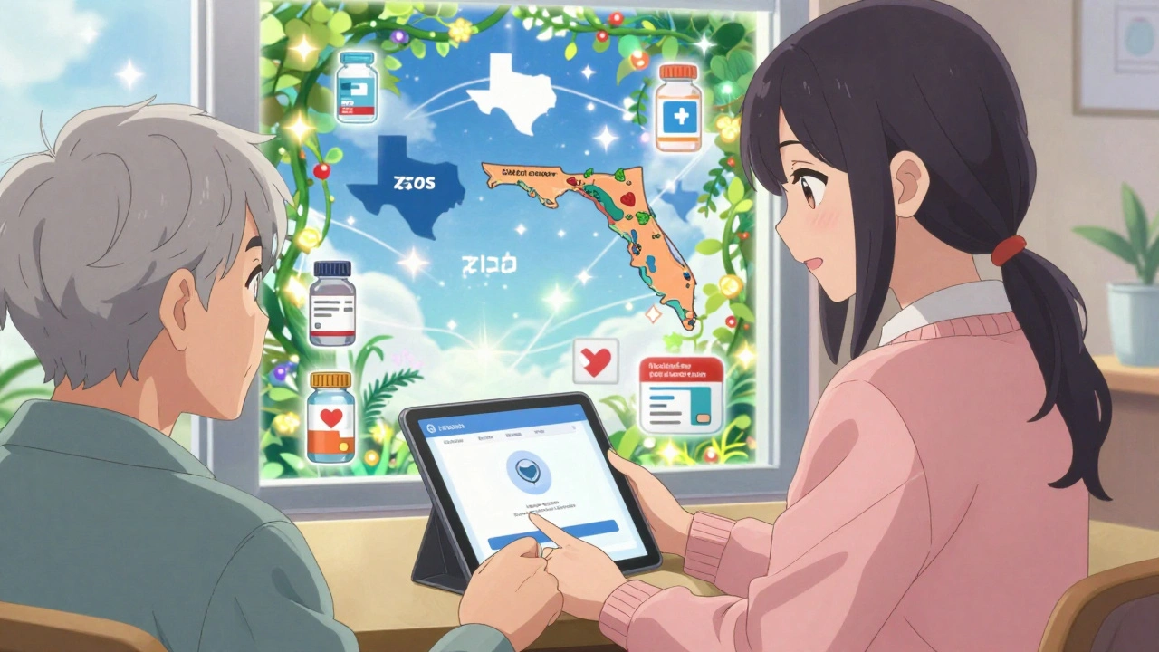 A counselor helping a senior apply for drug assistance as glowing state programs expand around them.