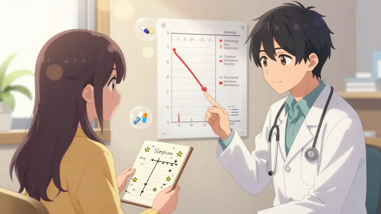 A doctor and patient reviewing a sleep diary with illustrated medication effects in a sunlit room.