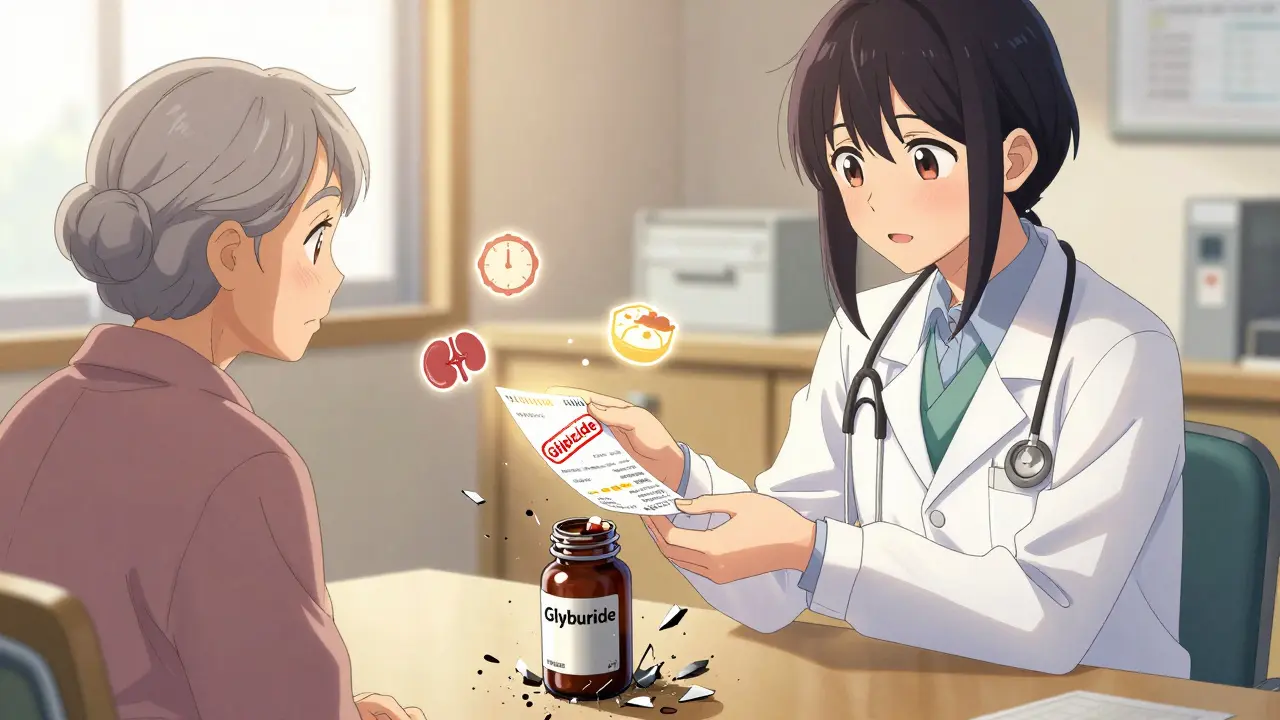 A doctor gives glipizide prescription as glyburide breaks apart, symbolizing safer choice.