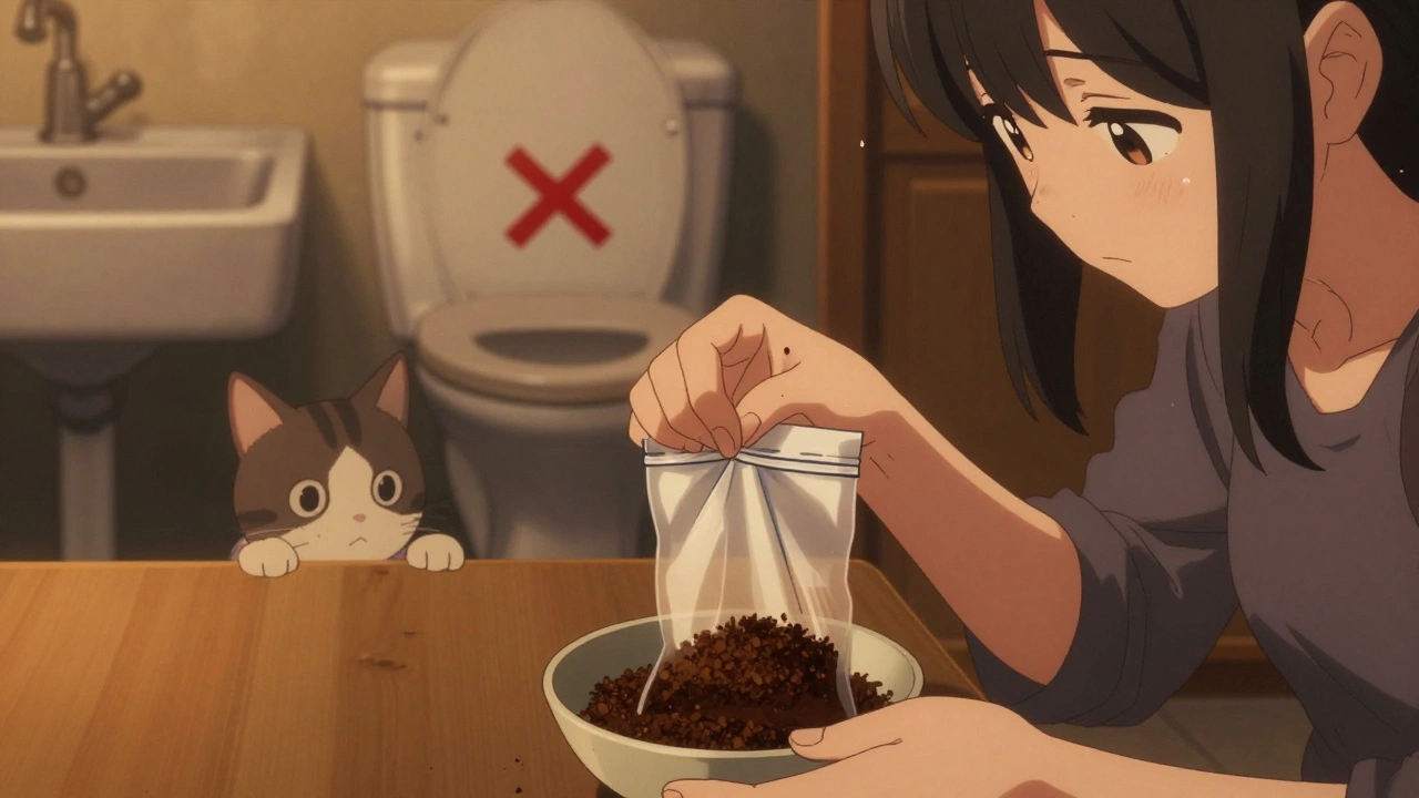 A girl mixing pills with coffee grounds in a bowl, sealing them to dispose safely in the trash.