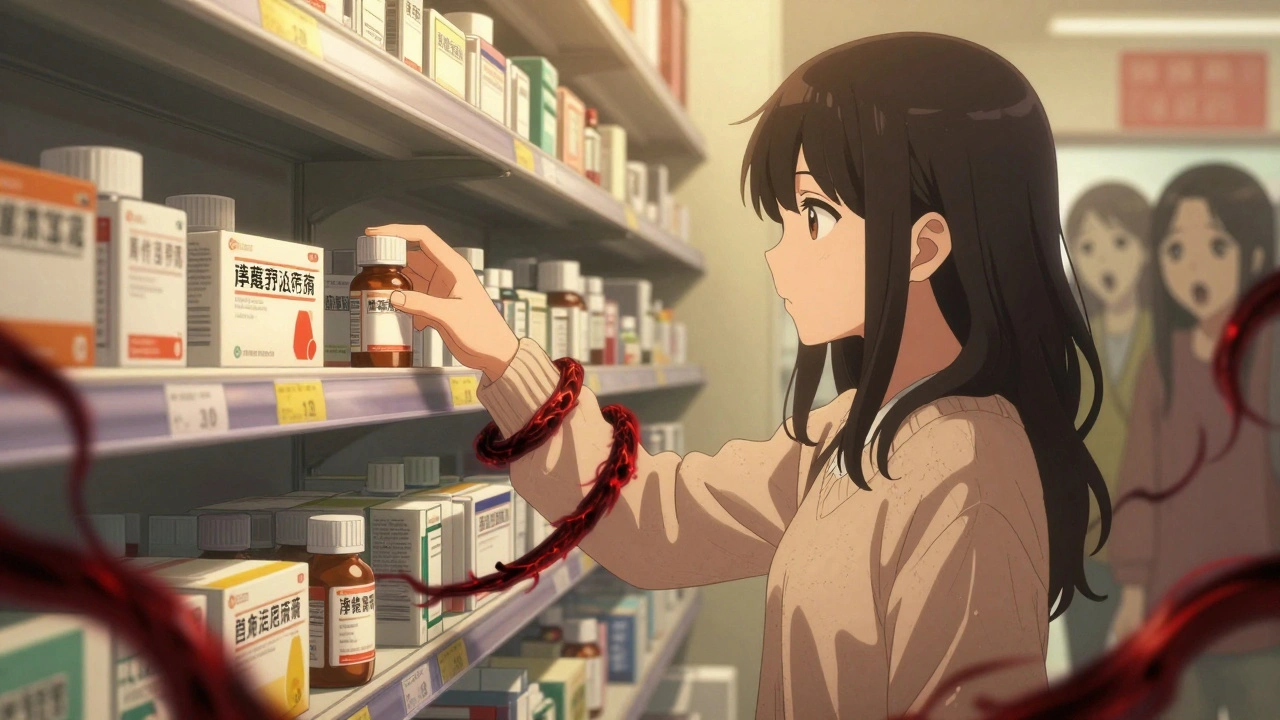 A girl reaches for cold medicine while shadowy energy coils from her antidepressant bottle.