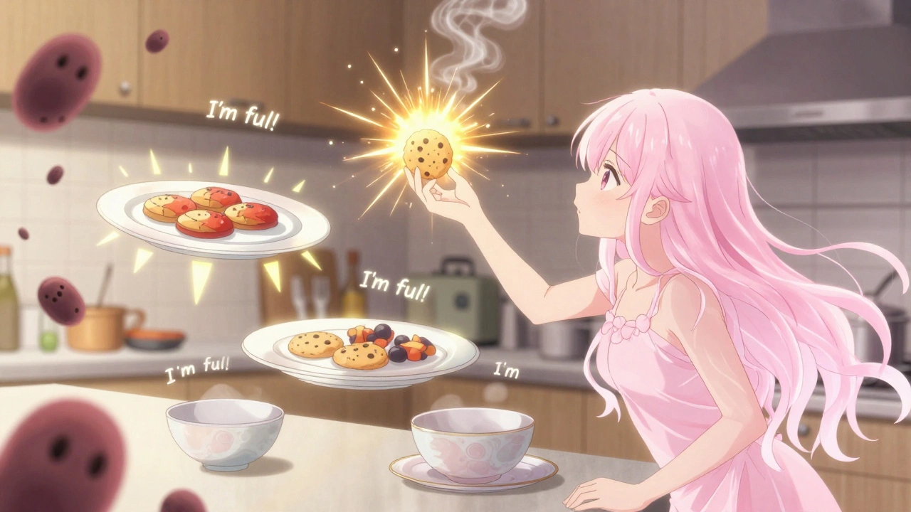 A girl reaching for food as hunger signals glow around her, while fat cells emit smoke and fullness whispers fade away.