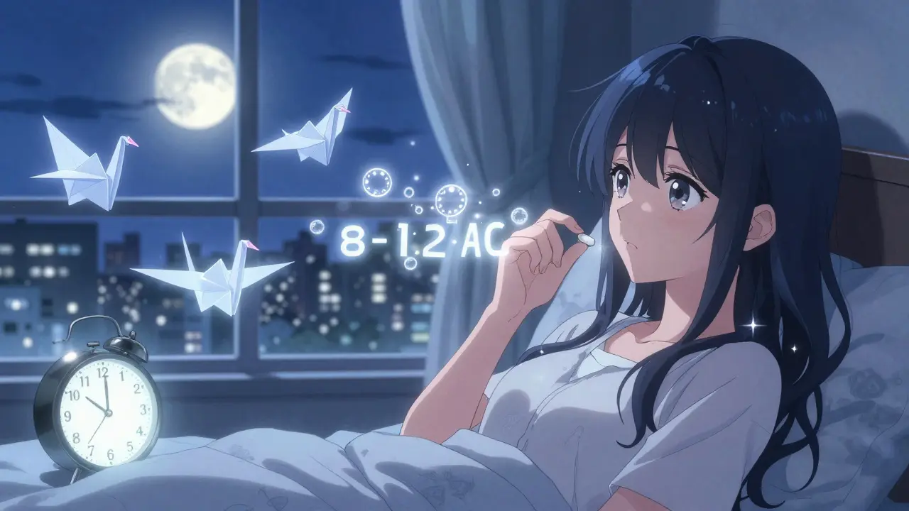 A girl takes an H2 blocker pill before bed, surrounded by floating timers and calming blue light in a moonlit bedroom.