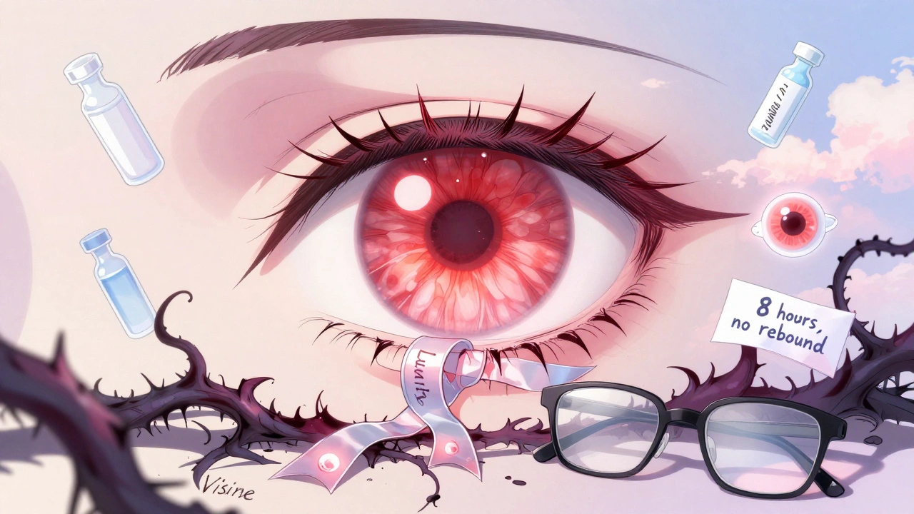 A glowing eye being healed by Lumify ribbon while redness-causing vines wither away in dreamy anime style.
