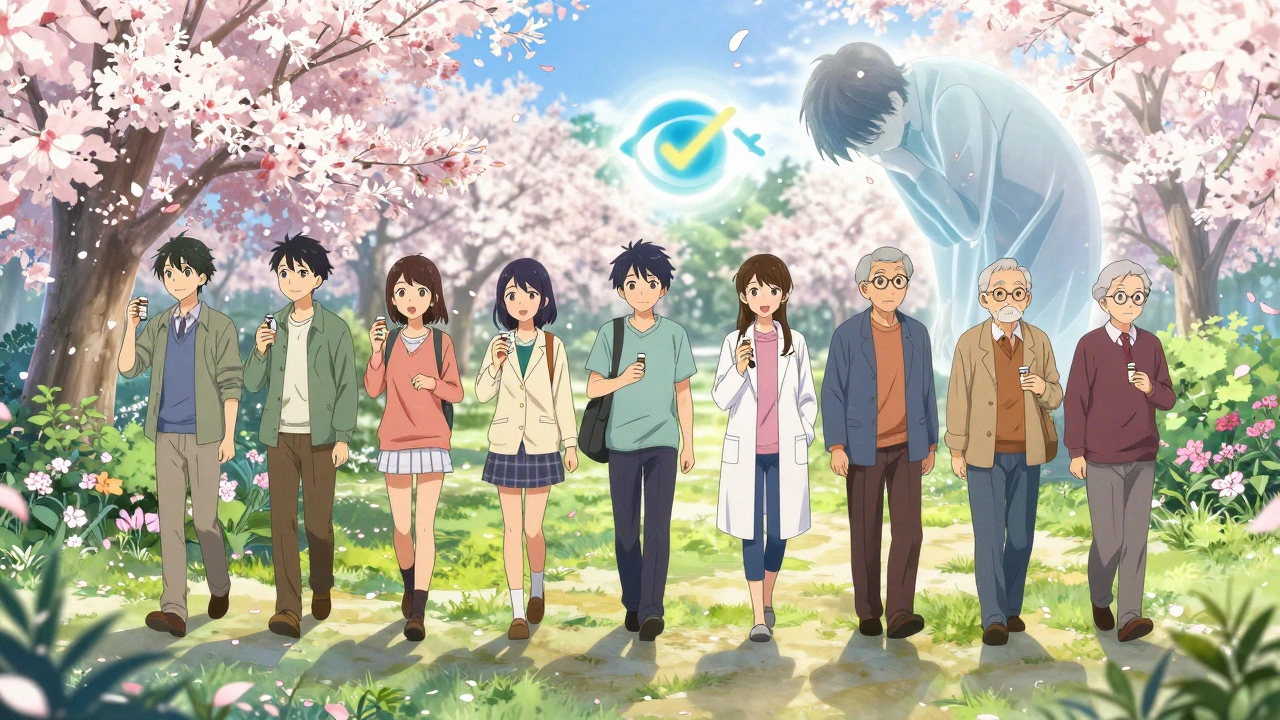 A group of patients walk through a garden at dawn, shadows of their past pain fading into petals, an eye icon glows above.