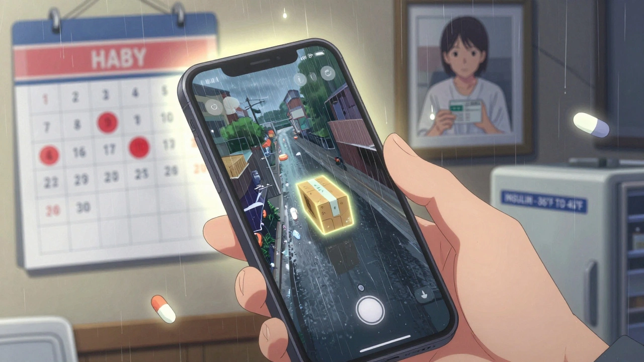 A hand holds a phone tracking a medication package through rain, with refill reminders and fridge label visible in background.
