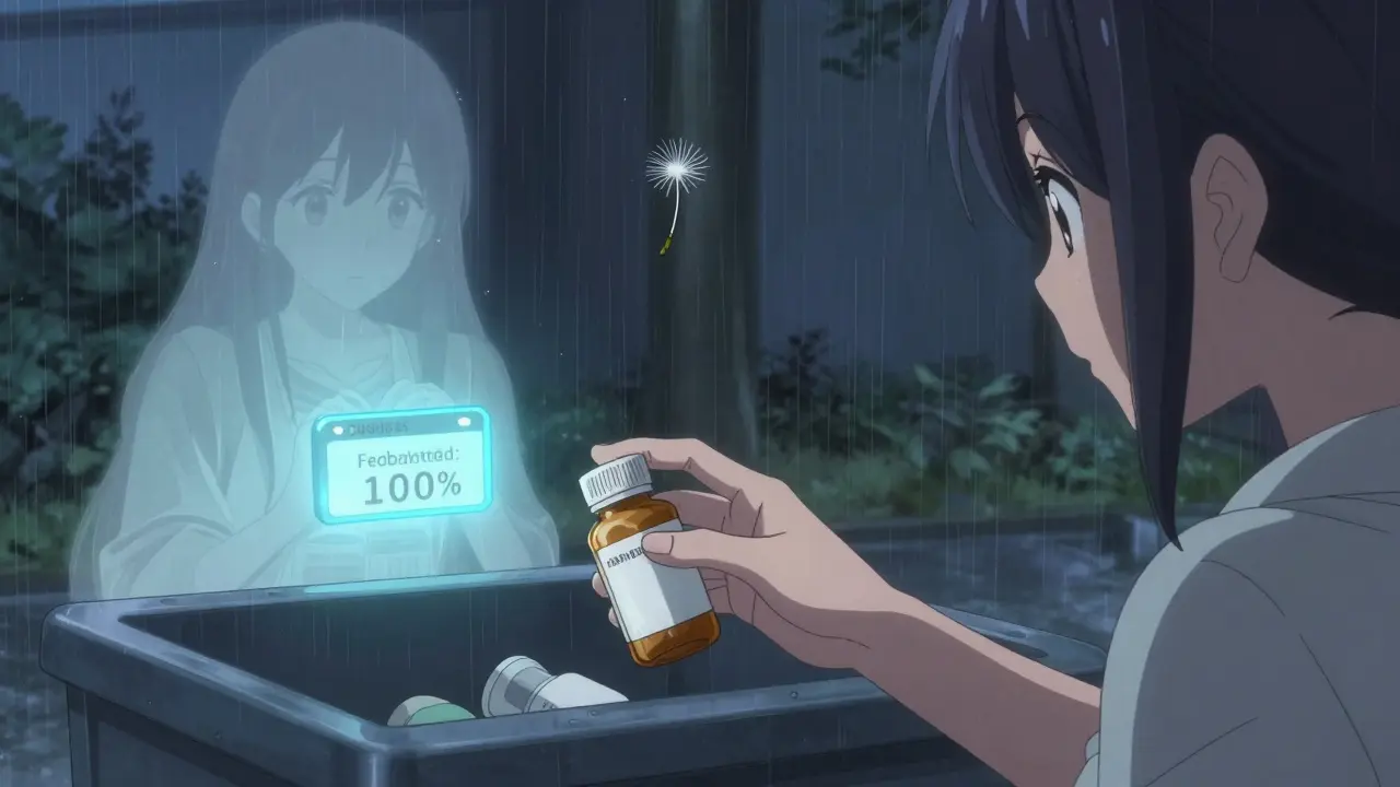 A hand placing an expired medication into a pharmacy take-back bin, with a glowing tracker and floating dandelion seed.