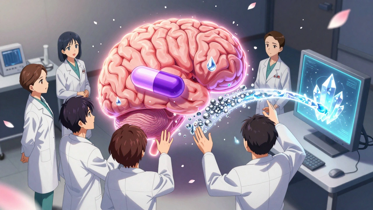 A medical team reaching toward a layered brain tumor revealing targeted therapies as glowing symbols in a gentle anime style.