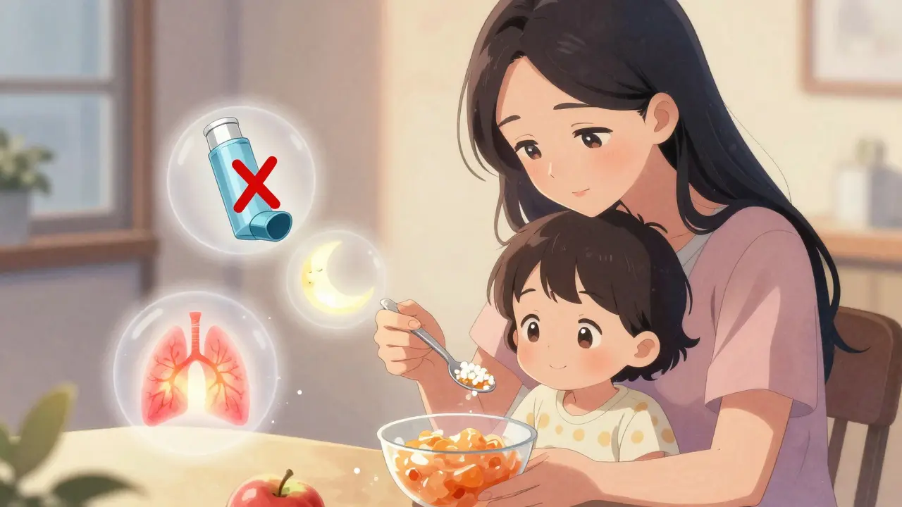 A mother mixes montelukast granules into applesauce for her smiling child in a warm, evening-lit room.