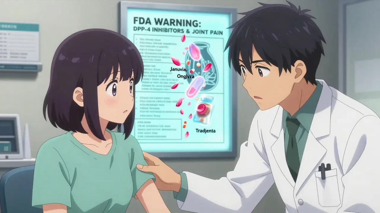 A patient and doctor talking in an office, medical chart glowing with FDA warning, pills dissolving into petals.
