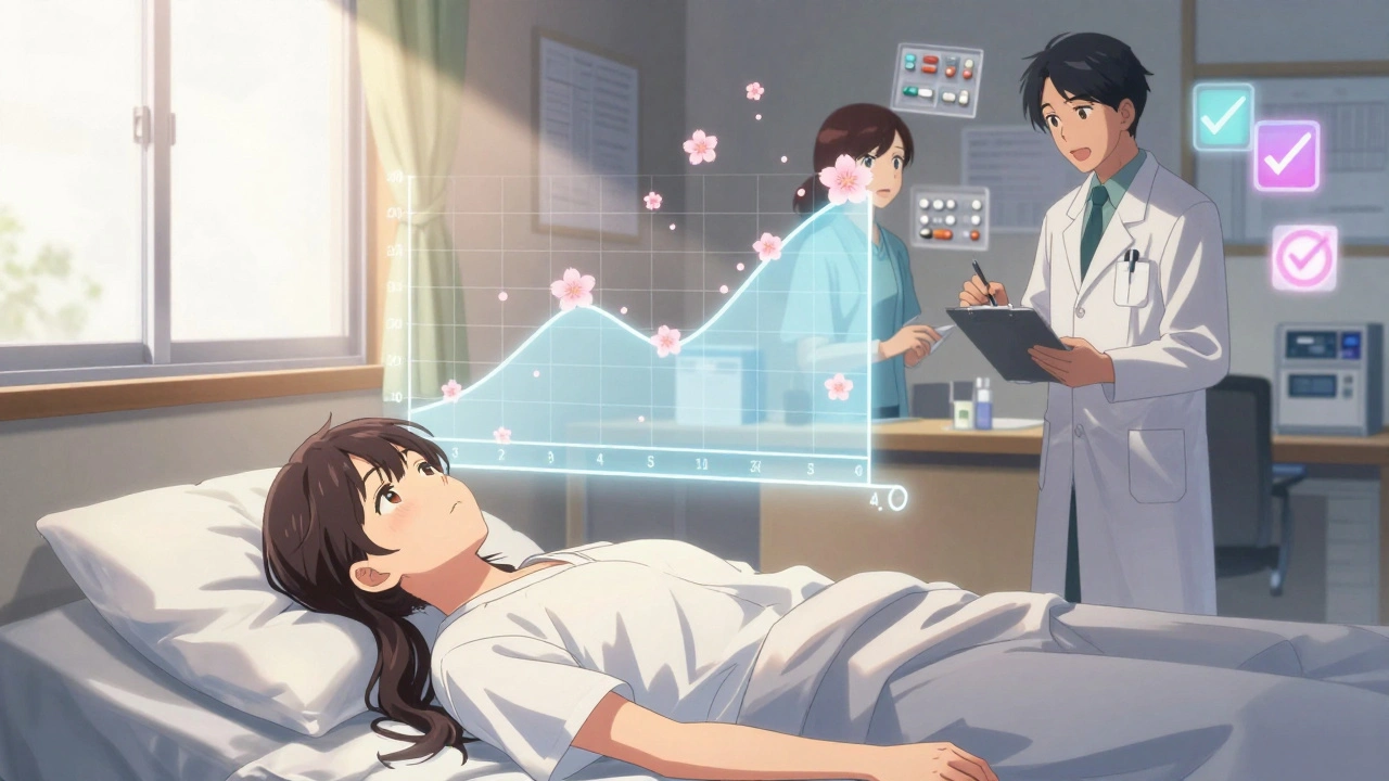 A patient at dawn with a gentle AUC graph rising from their chest, cherry blossoms floating nearby.