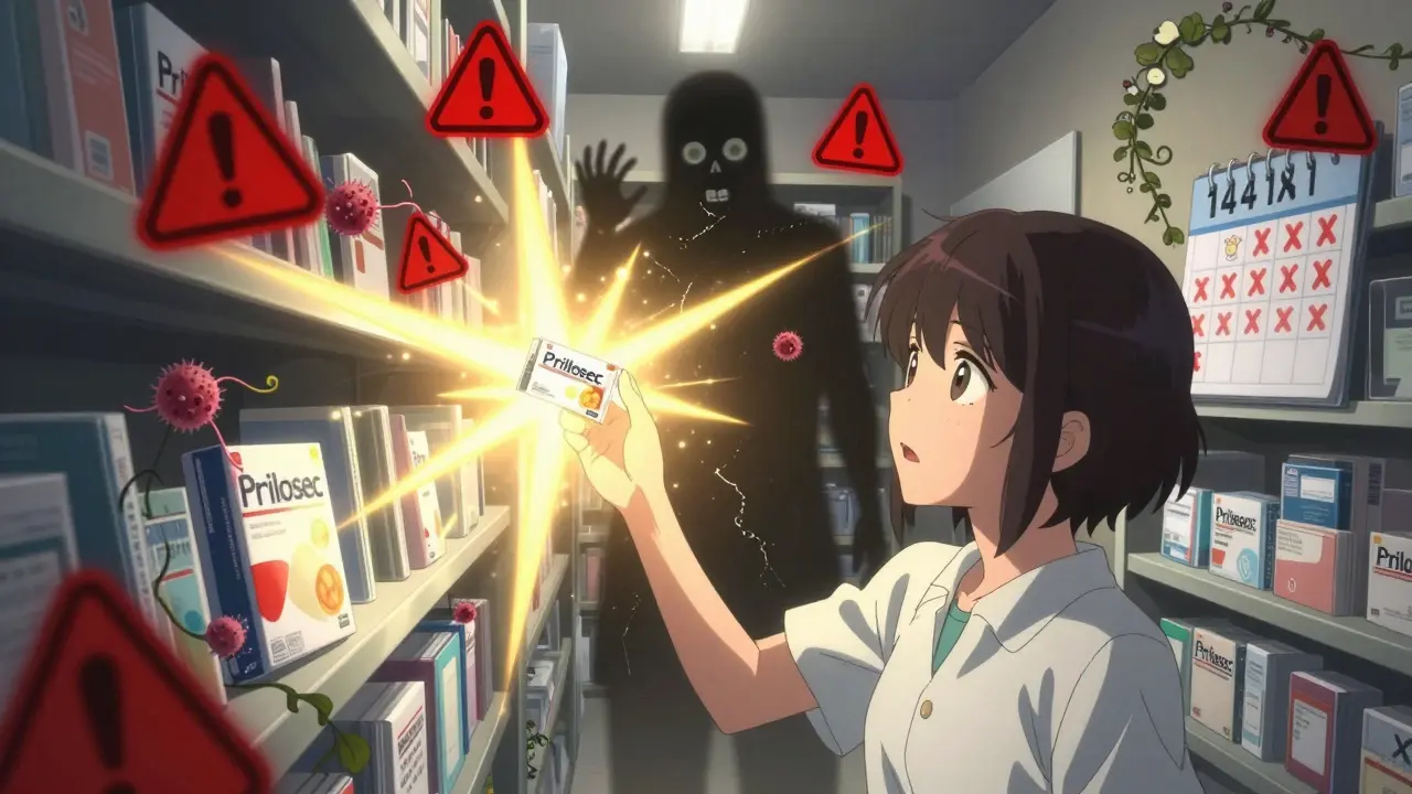 A person reaches for a PPI pill in a pharmacy, shadowy health risks looming behind them as golden light bursts from the medication.