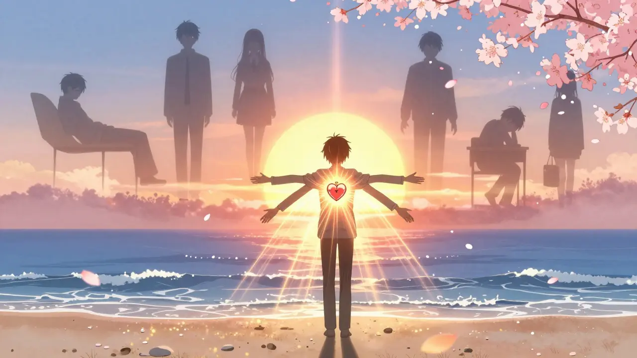 A person standing at sunrise, golden light connecting to their heart as past versions fade away.