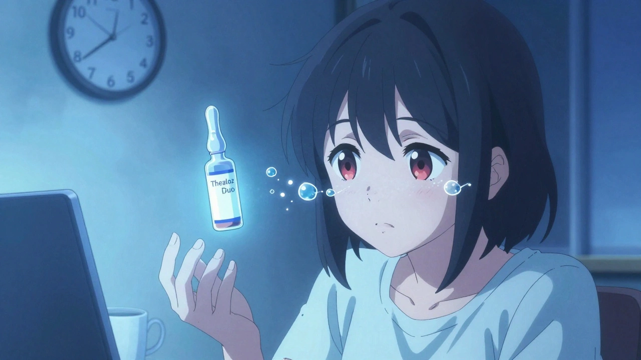 A person with dry eyes surrounded by sparkling healing crystals, using a preservative-free vial under blue screen light.