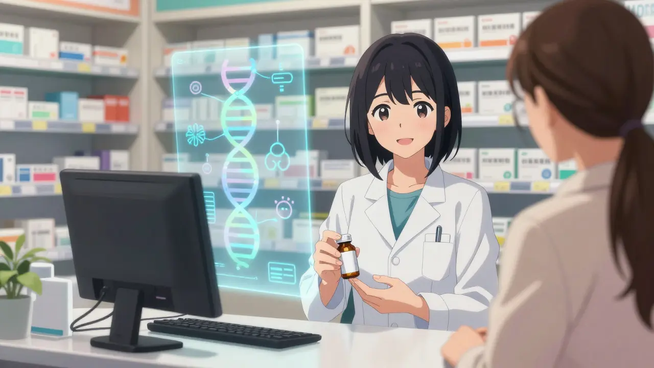 A pharmacist hands a customer a pill bottle while a holographic AI displays genetic drug data in pastel colors behind them.