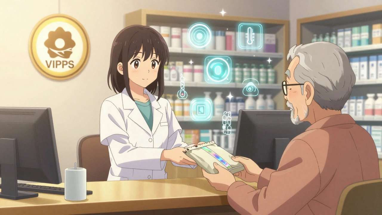 A pharmacist hands a securely sealed medication package to an elderly patient, VIPPS badge and digital safety icons glowing softly.