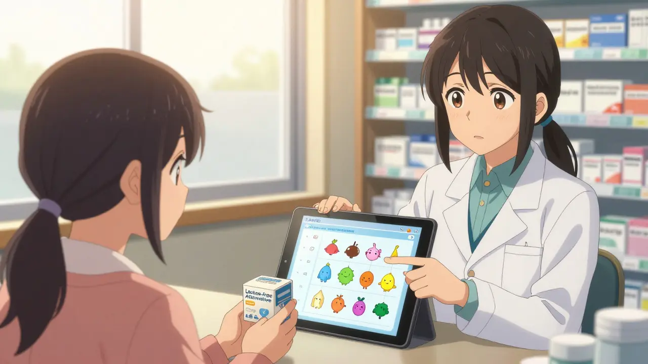 A pharmacist showing a patient a lactose-free alternative pill with an interactive digital excipient chart.