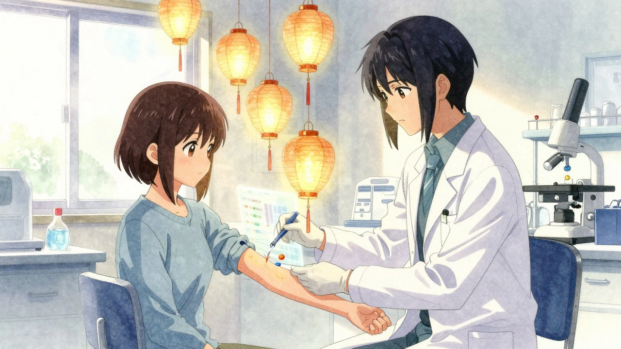 A scientist draws blood in a quiet lab as holographic drug curves glow like lanterns above.