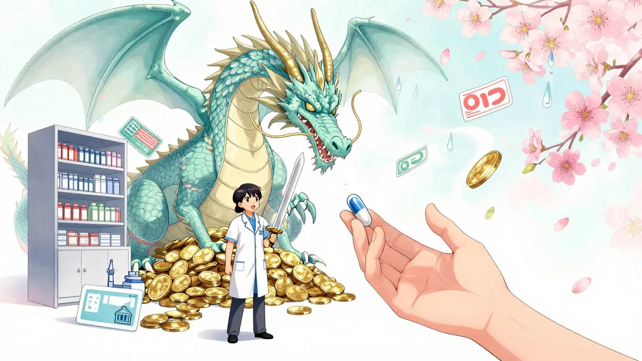 A small generic drug representative battles a coin-hoarding PBM dragon, as a patient’s hand reaches for a life-saving pill.