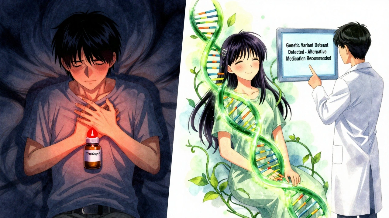 A split scene showing a patient in distress from a bad drug reaction versus a peaceful version protected by a glowing DNA helix.
