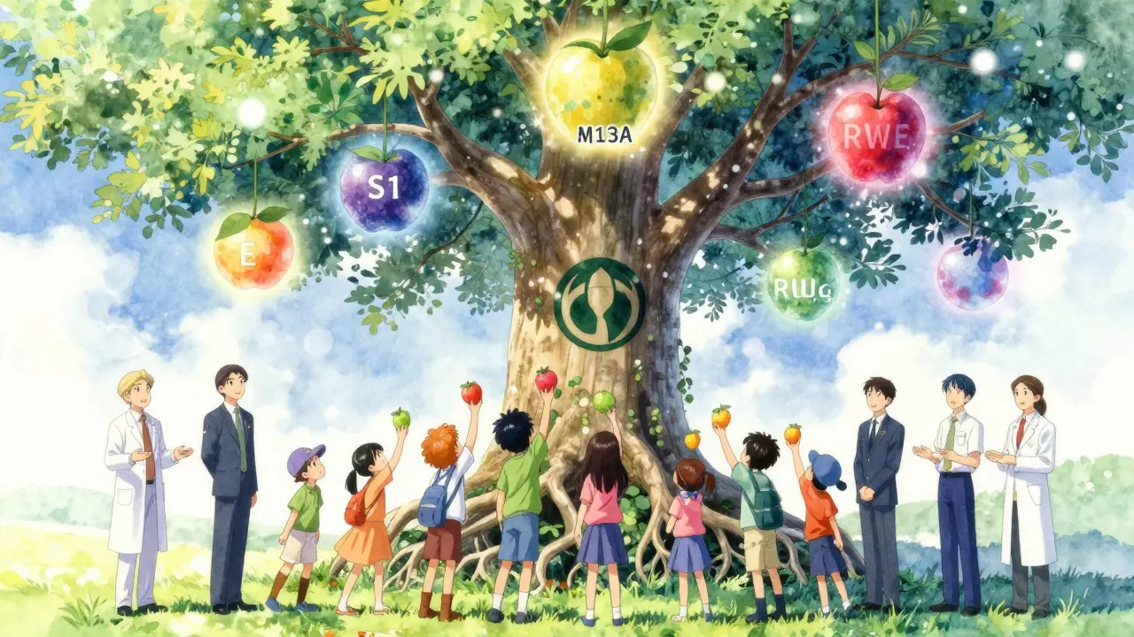A symbolic tree with ICH guidelines as glowing fruits, harvested by children from around the world.