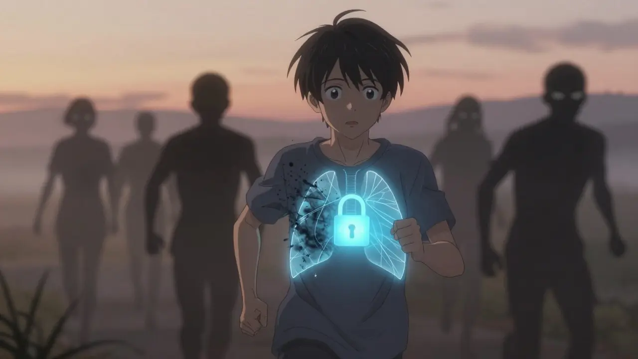 A teen jogs at dawn with protected lung pathways glowing blue, while dark allergen clouds recede behind them.