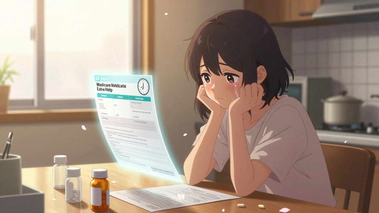 A woman at her kitchen table crying beside empty pill bottles, with a floating 90-day application timer.