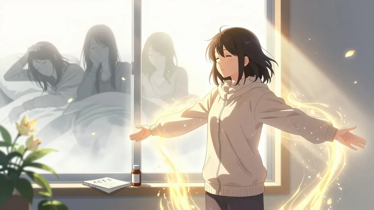 A woman bathed in morning sunlight as tired versions of herself fade away, symbolizing restored sleep.