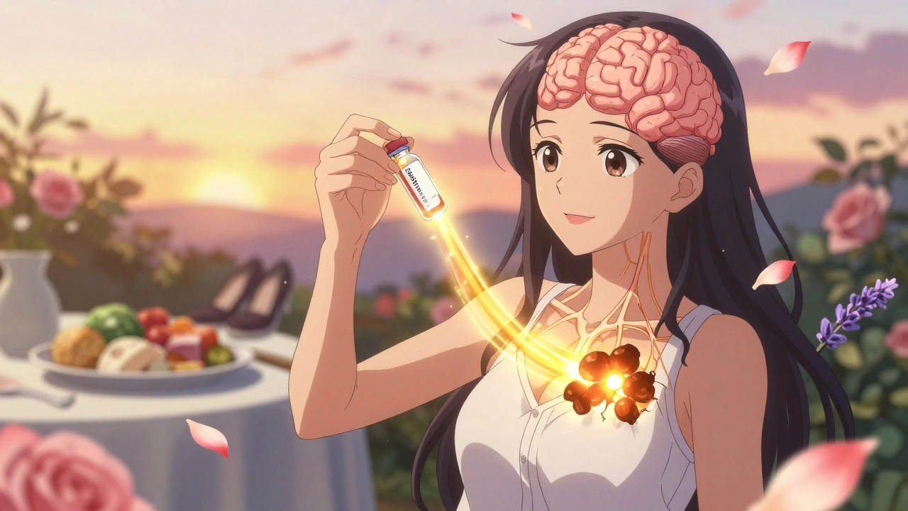 A woman holding a medicine vial as golden light reconnects her brain&#039;s signals, with glowing fat cells and swirling petals around her.