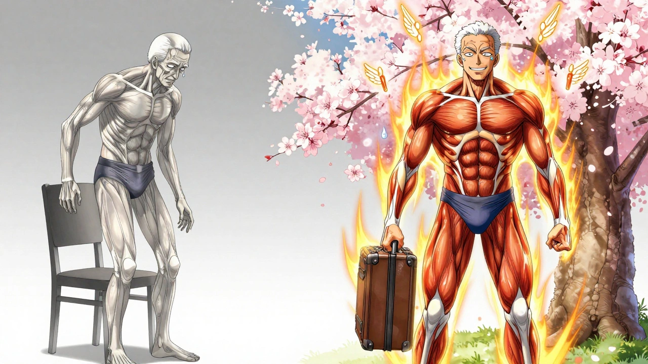 Before and after of elderly man gaining strength and standing independently