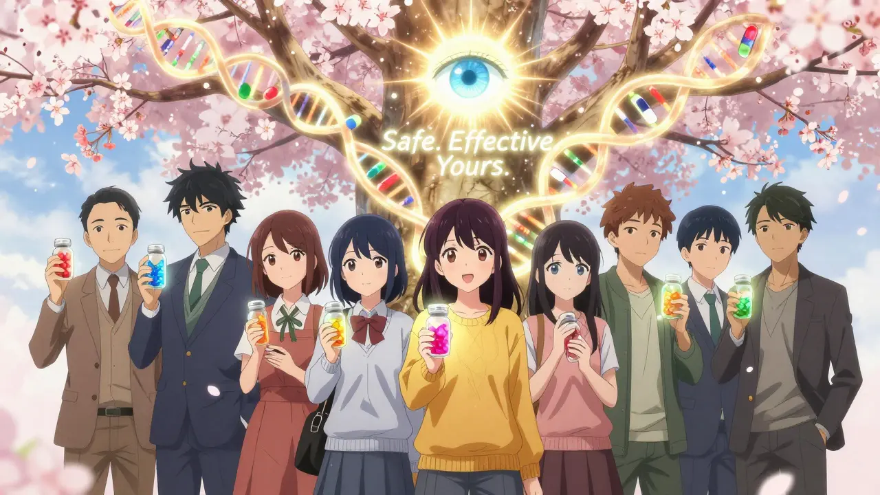 Diverse individuals hold personalized medicine bottles under a glowing DNA tree, symbolizing safe, tailored healthcare for all.