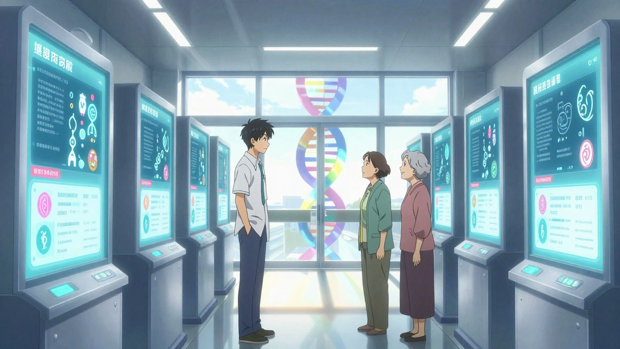 Diverse patients walking past digital kiosks displaying personalized genetic reports, with sunlight forming double helix patterns in the background.