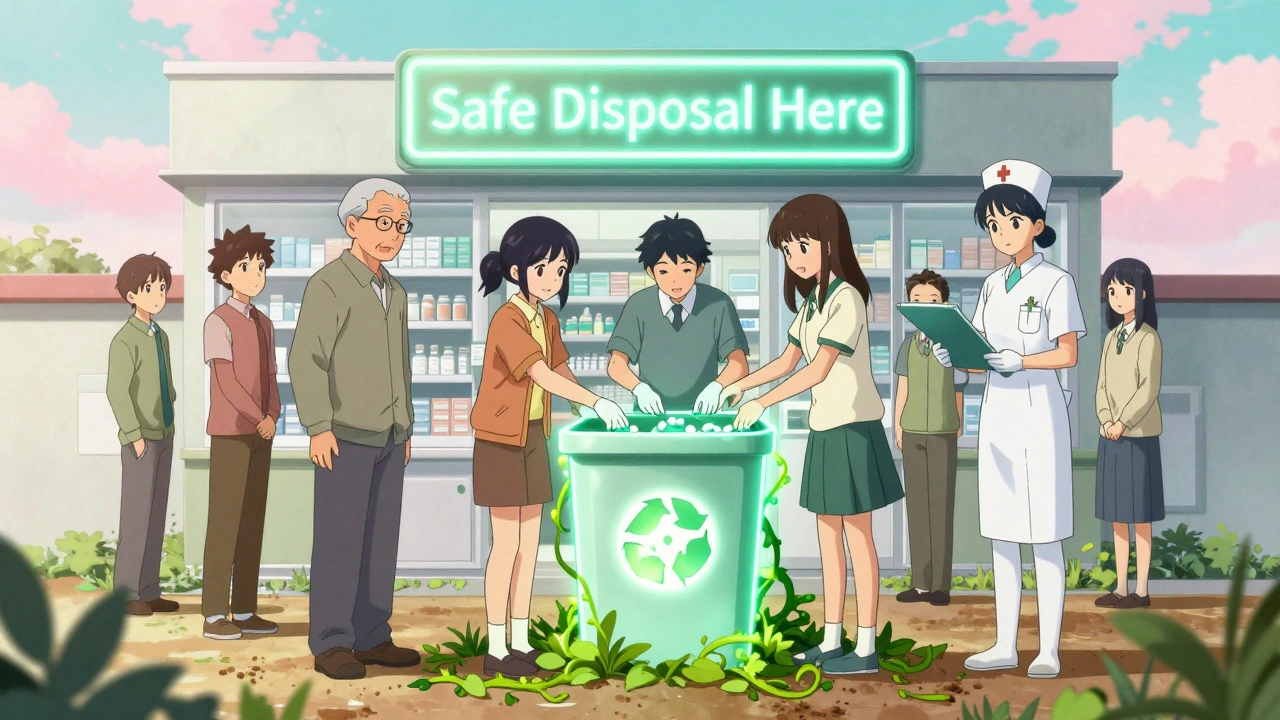 Diverse people depositing medications into a glowing community take-back bin at a pharmacy.